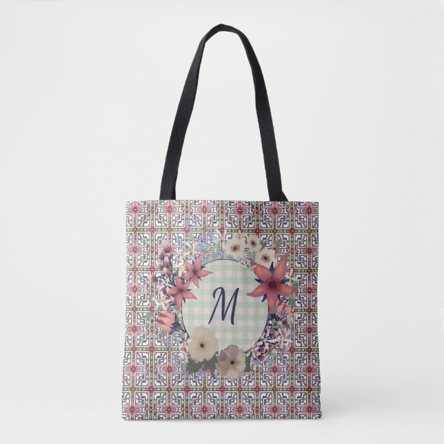 Floral Wreath | Floral Pattern | Monogram Tote Bag (Front)