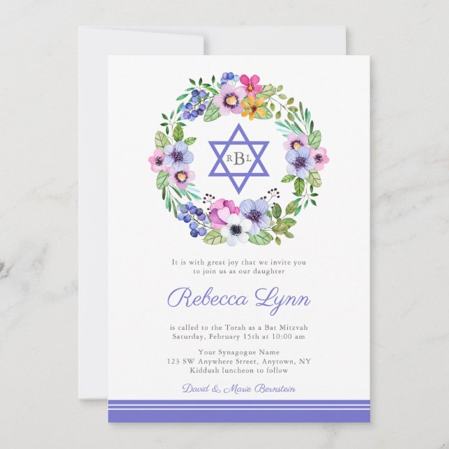 Floral Wreath Garden Bat Mitzvah Invitations (Front)