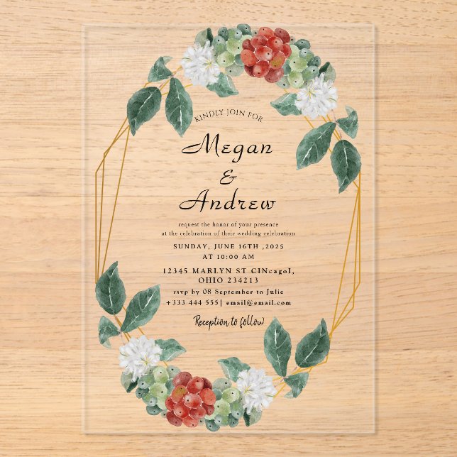 Floral Wreath & Geometric Frame Wedding Acrylic Acrylic Invitations (Front)
