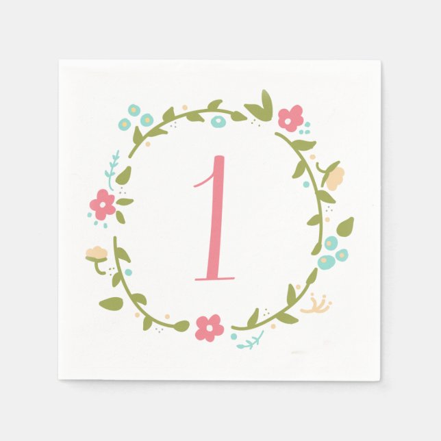 Floral Wreath Girl 1st Birthday Napkins (Front)