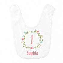 Floral Wreath Girl 1st Birthday Personalized Baby Bib Floral Wreath Girl 1st Birthday Personalized Baby Bib