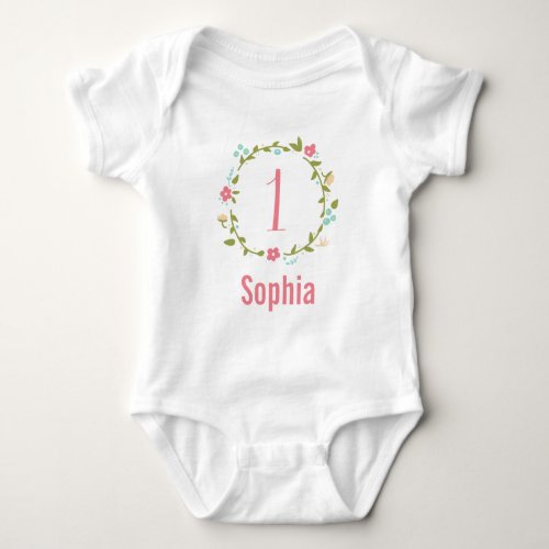 Floral Wreath Girl 1st Birthday Personalized Baby Bodysuit