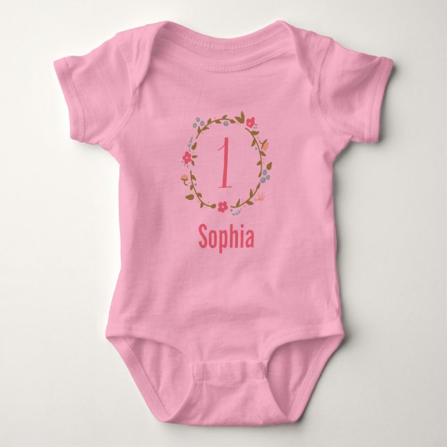Floral Wreath Girl 1st Birthday Personalized Baby Bodysuit (Front)