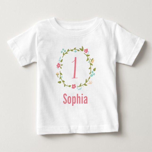 Floral Wreath Girl 1st Birthday Personalized Baby T-Shirt (Front)