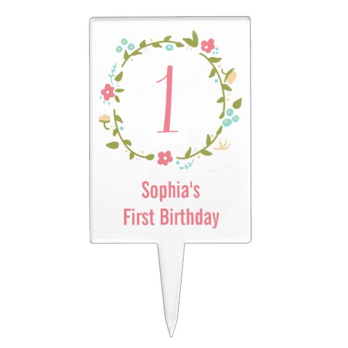 Floral Wreath Girl 1st Birthday Personalized Cake Topper