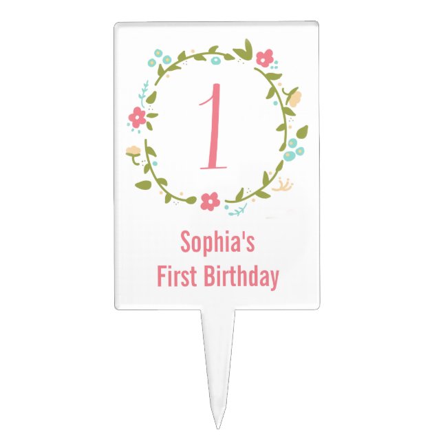 Floral Wreath Girl 1st Birthday Personalized Cake Topper (Front)