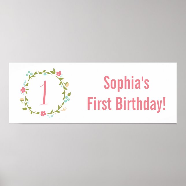 Floral Wreath Girl 1st Birthday Personalized Poster (Front)