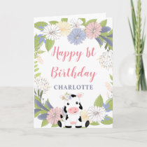 Floral Wreath Girl Cow 1st Birthday Card