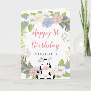 Floral Wreath Girl Cow 1st Birthday Card