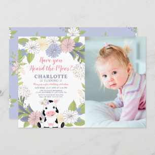 Floral Wreath Girl Cow 1st Birthday Photo Invitation