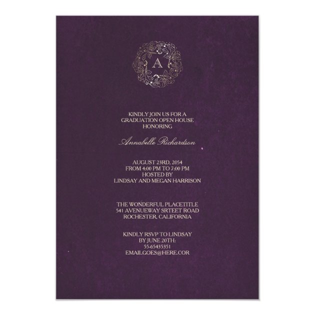 Floral Wreath Gold and Plum Photo Graduation Card