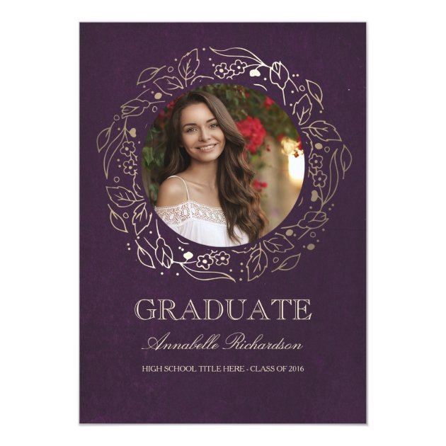 Floral Wreath Gold and Plum Photo Graduation Card