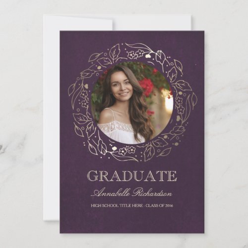 Floral Wreath Gold and Plum Photo Graduation Invitation - Photo graduation announcement and graduation party invitation in one with the elegant gold floral monogram and old vintage plum purple background texture.