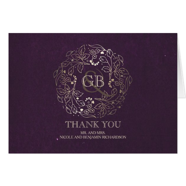 Floral Wreath Gold And Plum Wedding Thank You Card
