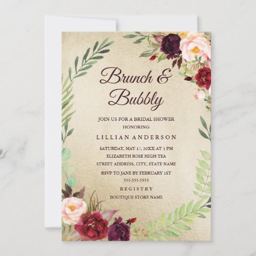 Floral Wreath Gold Brunch and Bubbly Bridal Shower Invitation