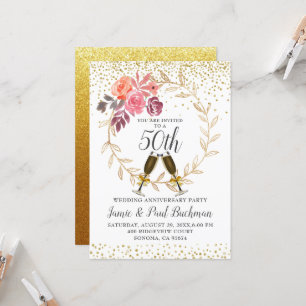 Floral Wreath Gold Glitter Wedding Anniversary Invitation