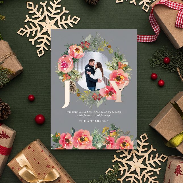 Floral Wreath Gold Joy Botanical Christmas Photo  Foil Holiday Card (Creator Uploaded)