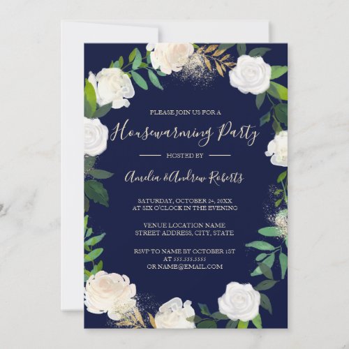 Floral Wreath Gold Navy Housewarming Party Invitation
