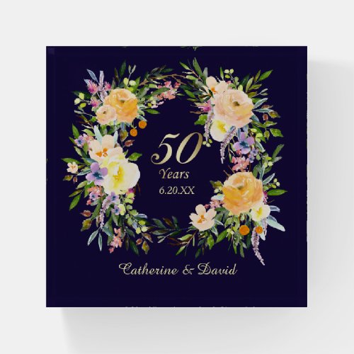 Floral Wreath Golden Wedding Anniversary Keepsake Paperweight