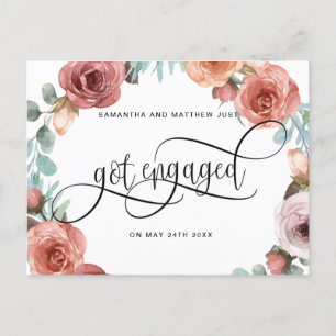 Floral Wreath, Got Engaged, Engagement Announcement Postcard