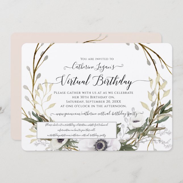 Floral Wreath Gray Blush Rustic Virtual Birthday Invitation (Front/Back)