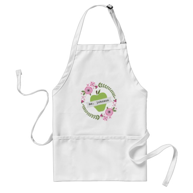 Floral Wreath Green Apple Personalized Teacher Adult Apron (Front)