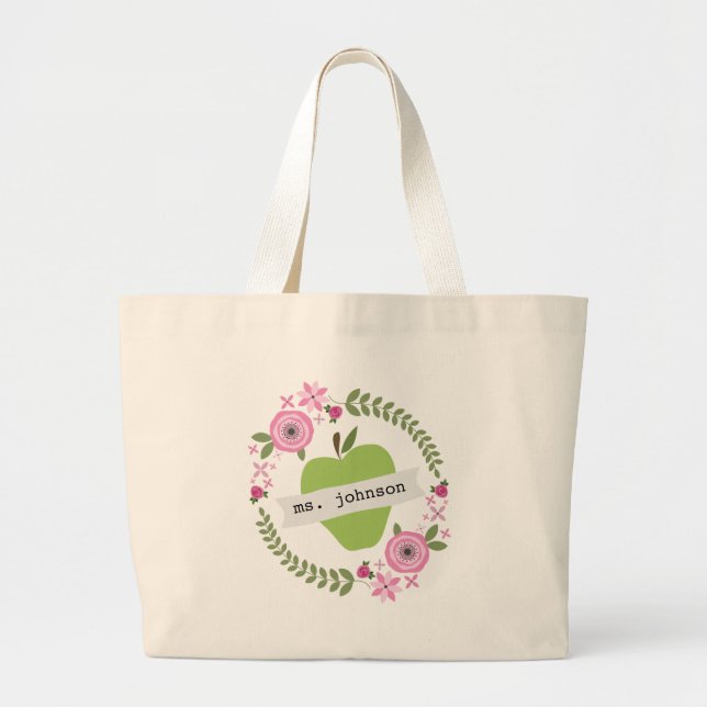 Floral Wreath Green Apple Personalized Teacher Large Tote Bag (Front)