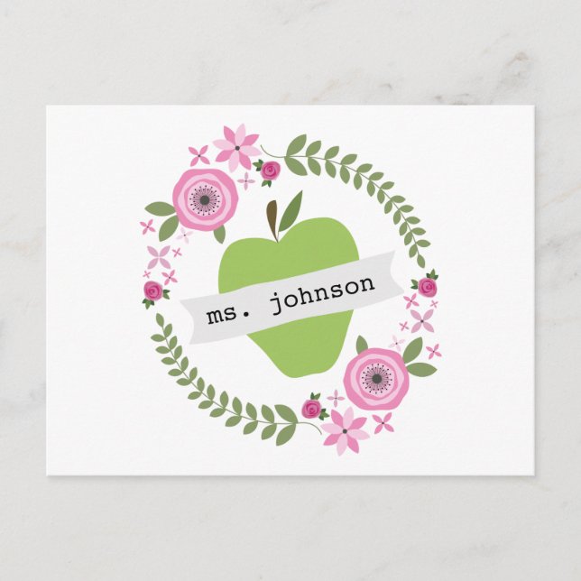 Floral Wreath Green Apple Personalized Teacher Postcard (Front)