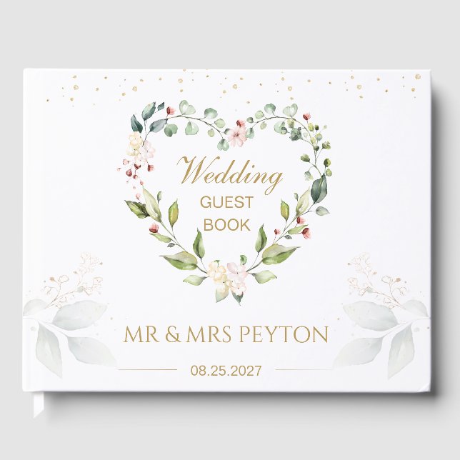Floral wreath, green foliage Wedding Guest Book (Front)