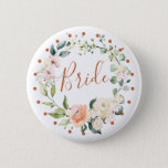 Floral wreath & green leaves, polka dot Bride Button<br><div class="desc">Elegant "Bride" button with watercolor floral wreath of roses in soft pastel cream and peach colors,  green foliage and polka dot circle</div>