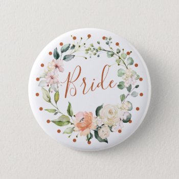 Floral Wreath & Green Leaves  Polka Dot Bride Button by IrinaFraser at Zazzle