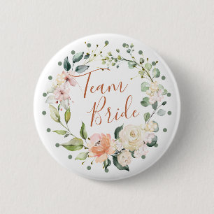 Floral wreath, green leaves, polka dots Team Bride Button
