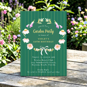 Floral Wreath Green Striped Garden 60th Party  Invitation