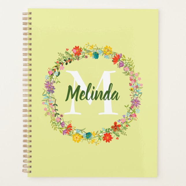 Floral Wreath Green Stripes Personalized Monogram Planner (Front)