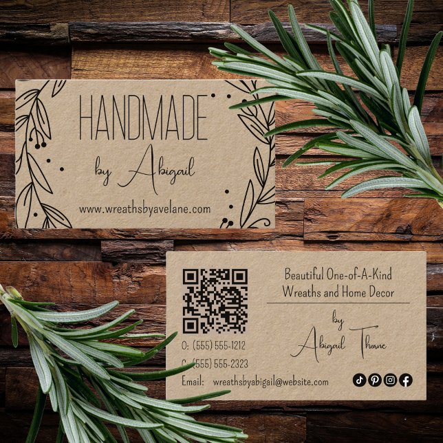 Floral Wreath Handmade | Handcrafted Business Card (Floral Line Art Wreath "Handmade" Handcrafted Business Card)