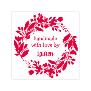 Floral Wreath Handmade With Love By Custom Name Self-inking Stamp