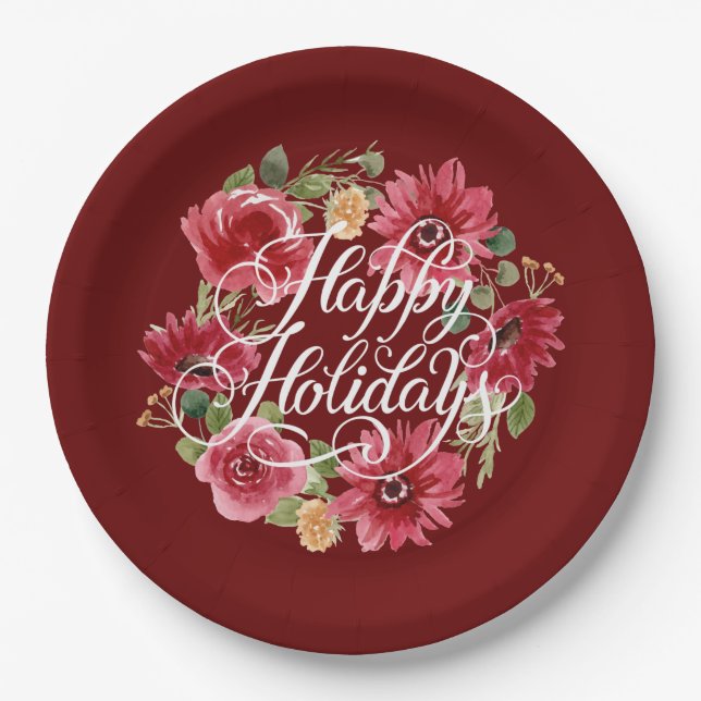 Floral Wreath Happy Holidays Red Paper Plates (Front)