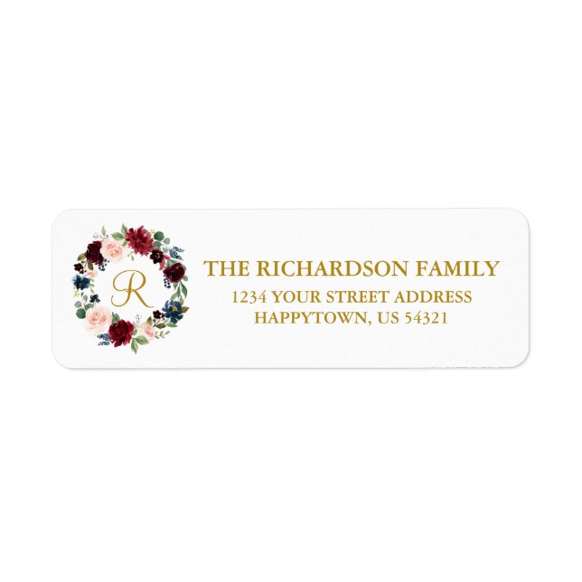 Floral Wreath Holiday Monogram Gold Address Label (Front)