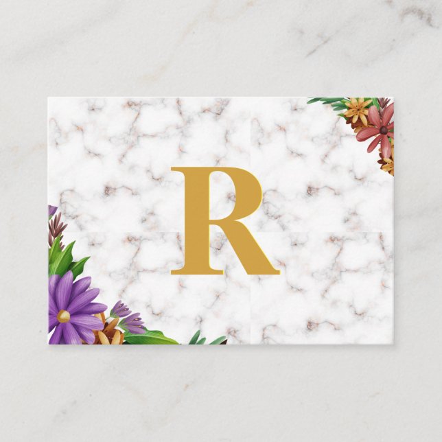 Floral Wreath Initial Letter Monogram Name Marble Business Card (Front)