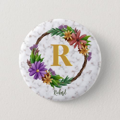 Floral Wreath Initial Letter Monogram Name Marble Button