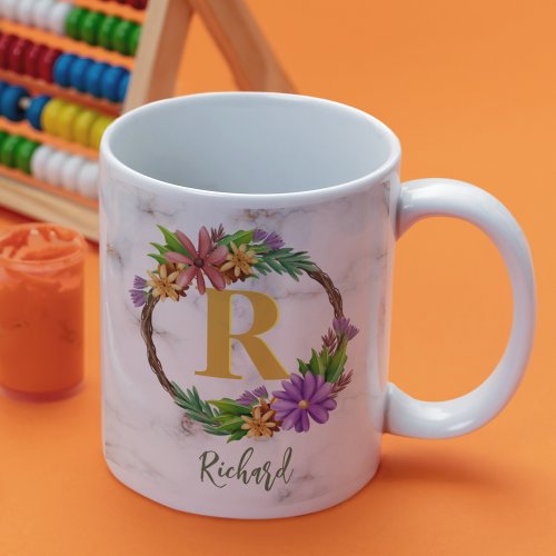 Floral Wreath Initial Letter Monogram Name Marble Coffee Mug