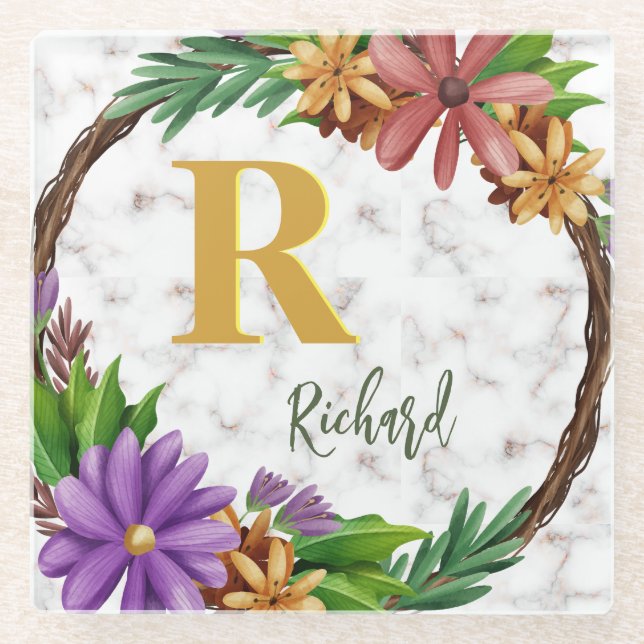 Floral Wreath Initial Letter Monogram Name Marble Glass Coaster (Front)
