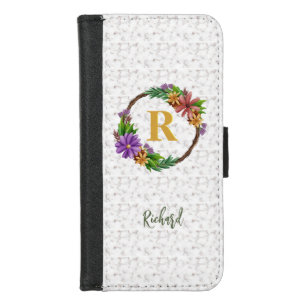 Floral Wreath Initial Letter Monogram Name Marble iPhone 8/7 Wallet Case