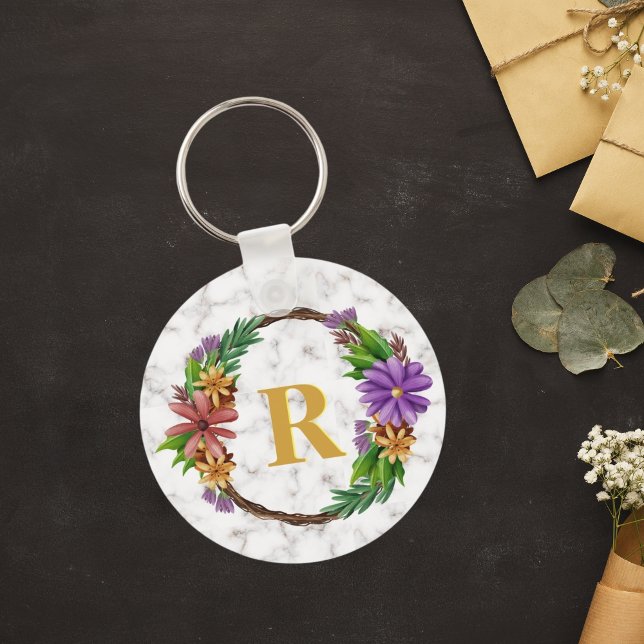 Floral Wreath Initial Letter Monogram Name Marble Keychain (Creator Uploaded)