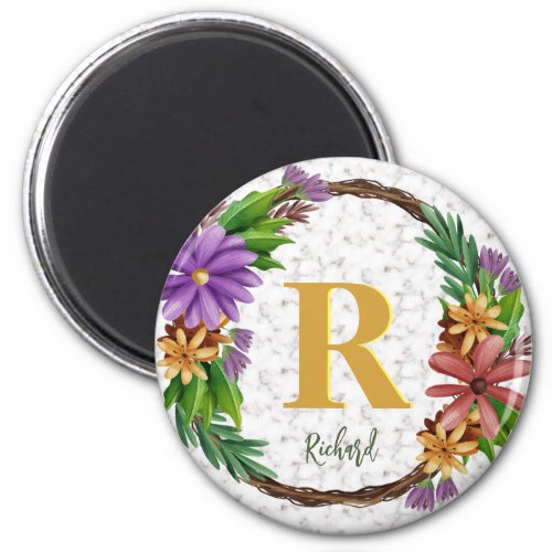 Floral Wreath Initial Letter Monogram Name Marble Magnet