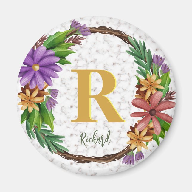 Floral Wreath Initial Letter Monogram Name Marble Magnet (Front)