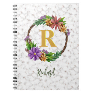 Floral Wreath Initial Letter Monogram Name Marble Notebook