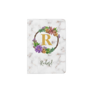 Floral Wreath Initial Letter Monogram Name Marble Passport Holder