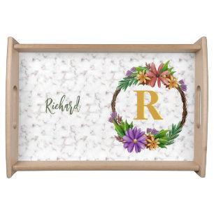 Floral Wreath Initial Letter Monogram Name Marble Serving Tray