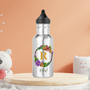 Floral Wreath Initial Letter Monogram Name Marble Stainless Steel Water Bottle